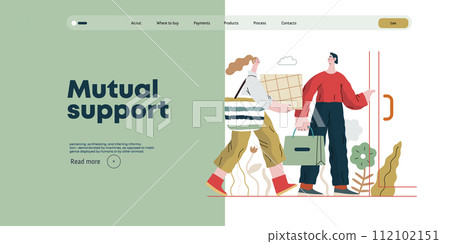 Mutual Support: Door Holding - modern flat vector concept illustration of woman carrying heavy box and man holding door for her. A metaphor of voluntary, collaborative exchanges of resource, services 112102151
