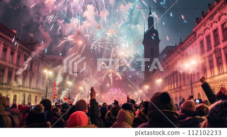 AI-generated content. Celebratory crowd enjoying fireworks in urban setting 112102233