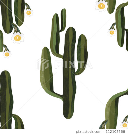 Blooming saguaro cactus. Seamless watercolor pattern for wrapping paper, wallpaper and textiles. Blooming saguaro cactus. Seamless watercolor pattern for wrapping paper, wallpaper and textiles. 112102366