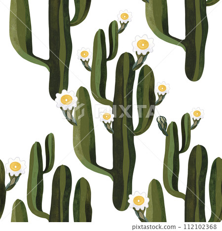 Blooming saguaro cactus. Seamless watercolor pattern for wrapping paper, wallpaper and textiles. 112102368
