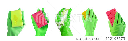 Hand in green rubber glove with washing cleaning sponge, set isolated on white background 112102375