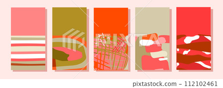 Creative concept of autumn bright and juicy cards set. Modern abstract art design with smooth shapes. Templates for celebration, ads, branding, banner, cover, label, poster, sales.. 112102461