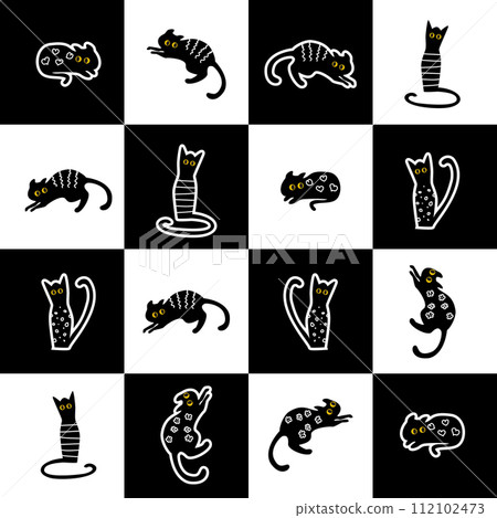 Seamless pattern of stickers of black and white cats on a chess board. Cute childrens drawing for print, wallpaper, fabric. Background for childrens goods, clothing, fabrics. Vector Seamless pattern of stickers of black and white cats on a chess board. Cute childrens drawing for print, wallpaper, fabric. Background for childrens goods, clothing, fabrics. Vector 112102473