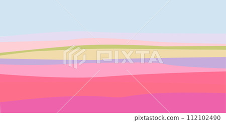 Tulip fields. Abstract background with stripes in the style of the sixties and seventies for posters and prints, paper. Flat vector illustration suitable for printing banners, flyers, invitations Tulip fields. Abstract background with stripes in the style of the sixties and seventies for posters and prints, paper. Flat vector illustration suitable for printing banners, flyers, invitations 112102490