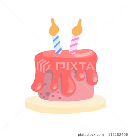Cartoon cake with pink cream and candle for 2 years birthday for card, invitation and banner. Flat vector illustration 112102496