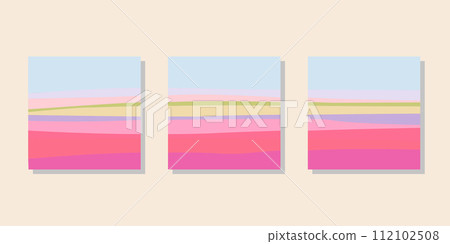 Tulip fields. Abstract background with stripes in the style of the sixties and seventies for print. Flat vector illustration suitable for printing banners, flyers, invitations Tulip fields. Abstract background with stripes in the style of the sixties and seventies for print. Flat vector illustration suitable for printing banners, flyers, invitations 112102508