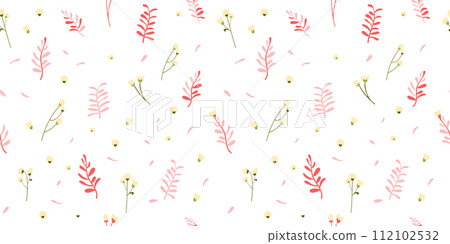 Botanical seamless pattern hand drawn. White background with delicate flowers and leaves. Minimalist style. Vector illustration. 112102532