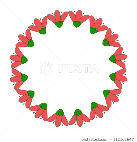 Round frame with red flowers, spring design element, vector 112102647