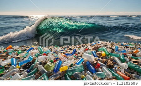 Free-floating industrial plastic waste in the ocean and on beaches, massively polluting coastal regions and waters around the world - ai generated 112102699