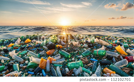 Free-floating industrial plastic waste in the ocean and on beaches, massively polluting coastal regions and waters around the world - ai generated 112102701