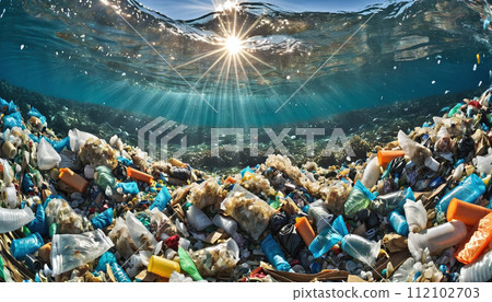 Free-floating industrial plastic waste in the ocean and on beaches, massively polluting coastal regions and waters around the world - ai generated 112102703