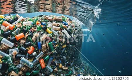 Free-floating industrial plastic waste in the ocean and on beaches, massively polluting coastal regions and waters around the world - ai generated 112102705