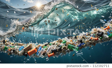 Free-floating industrial plastic waste in the ocean and on beaches, massively polluting coastal regions and waters around the world - ai generated 112102711