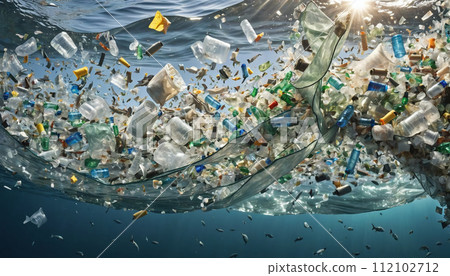 Free-floating industrial plastic waste in the ocean and on beaches, massively polluting coastal regions and waters around the world - ai generated 112102712