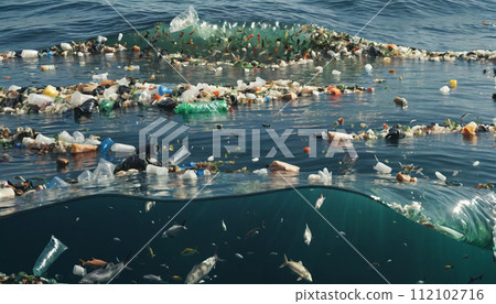 Free-floating industrial plastic waste in the ocean and on beaches, massively polluting coastal regions and waters around the world - ai generated 112102716