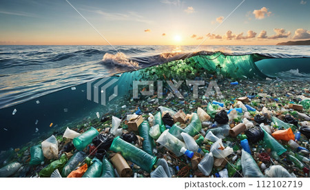 Free-floating industrial plastic waste in the ocean and on beaches, massively polluting coastal regions and waters around the world - ai generated 112102719