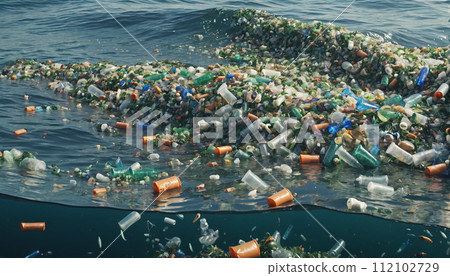 Free-floating industrial plastic waste in the ocean and on beaches, massively polluting coastal regions and waters around the world - ai generated 112102729