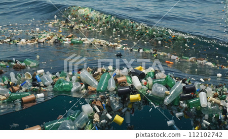 Free-floating industrial plastic waste in the ocean and on beaches, massively polluting coastal regions and waters around the world - ai generated Free-floating industrial plastic waste in the ocean and on beaches, massively polluting coastal regions and waters around the world - ai generated 112102742