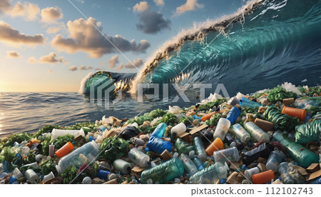 Free-floating industrial plastic waste in the ocean and on beaches, massively polluting coastal regions and waters around the world - ai generated Free-floating industrial plastic waste in the ocean and on beaches, massively polluting coastal regions and waters around the world - ai generated 112102743