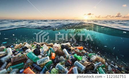 Free-floating industrial plastic waste in the ocean and on beaches, massively polluting coastal regions and waters around the world - ai generated 112102751