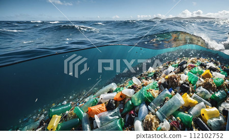 Free-floating industrial plastic waste in the ocean and on beaches, massively polluting coastal regions and waters around the world - ai generated 112102752