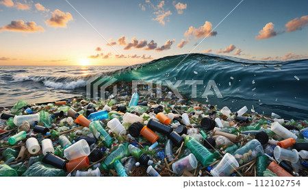 Free-floating industrial plastic waste in the ocean and on beaches, massively polluting coastal regions and waters around the world - ai generated 112102754
