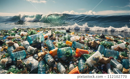 Free-floating industrial plastic waste in the ocean and on beaches, massively polluting coastal regions and waters around the world - ai generated 112102770