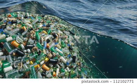 Free-floating industrial plastic waste in the ocean and on beaches, massively polluting coastal regions and waters around the world - ai generated 112102771