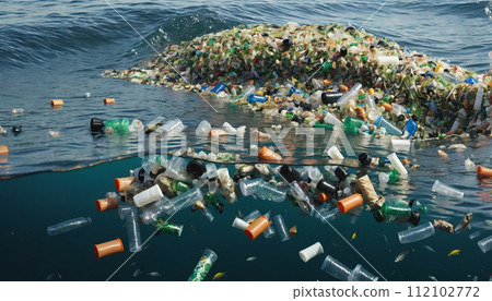 Free-floating industrial plastic waste in the ocean and on beaches, massively polluting coastal regions and waters around the world - ai generated 112102772
