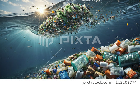 Free-floating industrial plastic waste in the ocean and on beaches, massively polluting coastal regions and waters around the world - ai generated 112102774