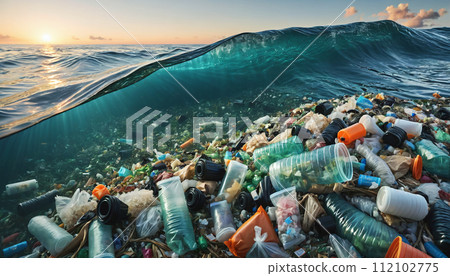 Free-floating industrial plastic waste in the ocean and on beaches, massively polluting coastal regions and waters around the world - ai generated 112102775