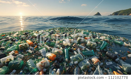 Free-floating industrial plastic waste in the ocean and on beaches, massively polluting coastal regions and waters around the world - ai generated 112102778