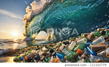 Free-floating industrial plastic waste in the ocean and on beaches, massively polluting coastal regions and waters around the world - ai generated 112102779
