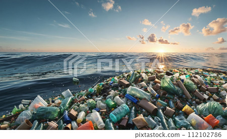 Free-floating industrial plastic waste in the ocean and on beaches, massively polluting coastal regions and waters around the world - ai generated 112102786