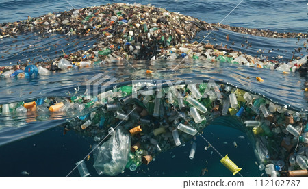 Free-floating industrial plastic waste in the ocean and on beaches, massively polluting coastal regions and waters around the world - ai generated 112102787