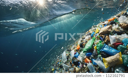 Free-floating industrial plastic waste in the ocean and on beaches, massively polluting coastal regions and waters around the world - ai generated 112102791