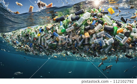 Free-floating industrial plastic waste in the ocean and on beaches, massively polluting coastal regions and waters around the world - ai generated 112102792