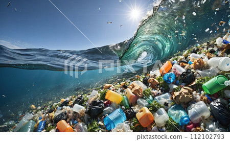 Free-floating industrial plastic waste in the ocean and on beaches, massively polluting coastal regions and waters around the world - ai generated 112102793
