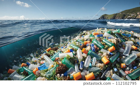 Free-floating industrial plastic waste in the ocean and on beaches, massively polluting coastal regions and waters around the world - ai generated 112102795