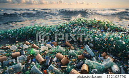 Free-floating industrial plastic waste in the ocean and on beaches, massively polluting coastal regions and waters around the world - ai generated 112102798