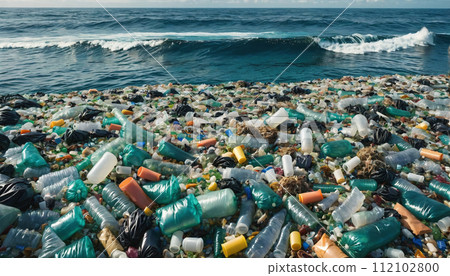 Free-floating industrial plastic waste in the ocean and on beaches, massively polluting coastal regions and waters around the world - ai generated 112102800