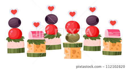 Canape sandwiches. Cartoon delicious open faced sandwich with cheese, vegetable and meat flat vector illustration set. Pleasing small sized canape sandwiches Canape sandwiches. Cartoon delicious open faced sandwich with cheese, vegetable and meat flat vector illustration set. Pleasing small sized canape sandwiches 112102820