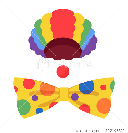 Clown costume elements. Funnyman Birthday party photo booth props, clown wig, nose and bow tie flat vector illustration set. Carnival party clown costume 112102821