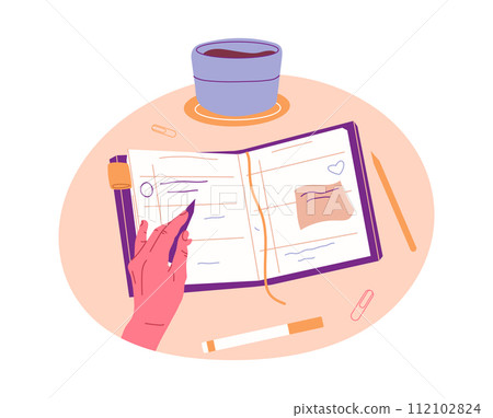 Human hand taking notes. Person writing, filling planner or signing documents, hand holding pen isolated flat vector illustration. Paperwork concept 112102824