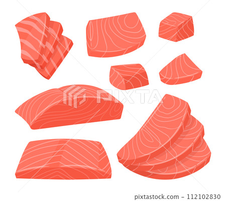 Sliced salmon. Delicious red fish sashimi slices, Japanese dish of delicious raw salmon slices flat vector illustration set. Salmon fillet slice collection Sliced salmon. Delicious red fish sashimi slices, Japanese dish of delicious raw salmon slices flat vector illustration set. Salmon fillet slice collection 112102830