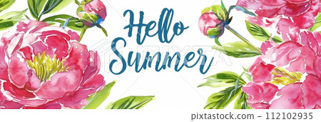 Watercolor illustration of a frame of summer peony flowers, inside the text Hello Summer, summer banner Watercolor illustration of a frame of summer peony flowers, inside the text Hello Summer, summer banner 112102935
