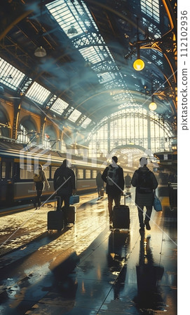 Tourists passengers with suitcases at the train station, back view Tourists passengers with suitcases at the train station, back view 112102936