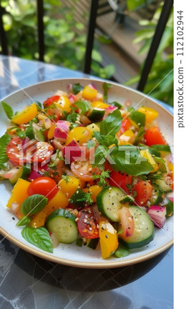 Summer light fresh vegetarian salad in bowl. A nutritious dish filled with fresh plantbased ingredients 112102944
