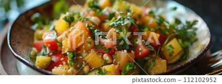 Summer light fresh vegetarian salad in bowl. A nutritious dish filled with fresh plantbased ingredients Summer light fresh vegetarian salad in bowl. A nutritious dish filled with fresh plantbased ingredients 112102952
