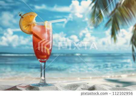 A glass of summer pink cocktail with ice, a slice of orange, and a decorative petal on on the beach A glass of summer pink cocktail with ice, a slice of orange, and a decorative petal on on the beach 112102956